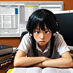 **

A student looking overwhelmed by Linux study materials (textbooks, practice exams, etc.). They are sitting at a desk with a computer displaying a command-line interface. The overall mood is one of frustration but with a hint of determination. Consider a slightly cluttered desk to emphasize the feeling of being overwhelmed. Style: Anime or Manga inspired.

**