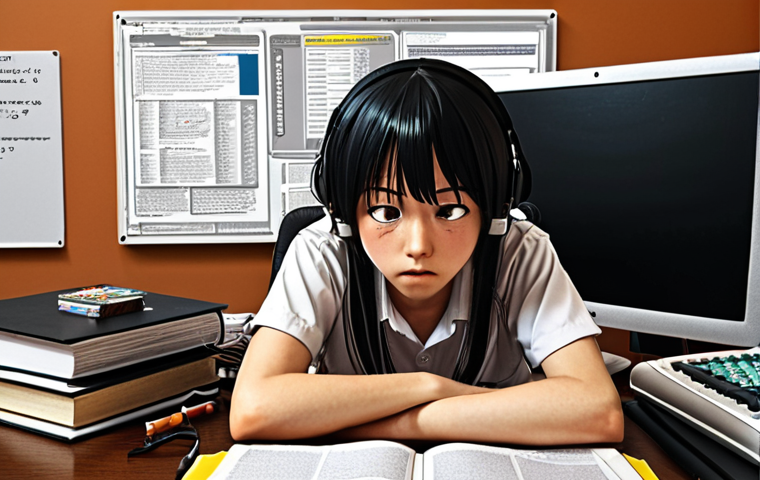**

A student looking overwhelmed by Linux study materials (textbooks, practice exams, etc.). They are sitting at a desk with a computer displaying a command-line interface. The overall mood is one of frustration but with a hint of determination. Consider a slightly cluttered desk to emphasize the feeling of being overwhelmed. Style: Anime or Manga inspired.

**
