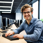 **

A young, excited IT engineer working at a large company, confidently using Linux to develop a system. Focus on the modern office environment and the engineer's positive expression. Include elements that subtly suggest cloud technology.

**