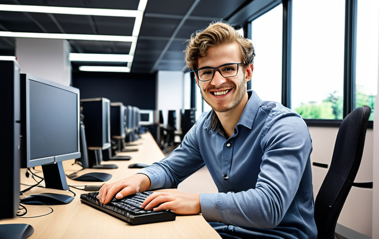 **

A young, excited IT engineer working at a large company, confidently using Linux to develop a system. Focus on the modern office environment and the engineer's positive expression. Include elements that subtly suggest cloud technology.

**