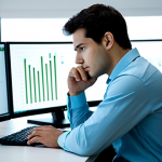 A male professional in a crisp business shirt and trousers, seated at a sleek, minimalist desk. His gaze is intently fixed on a large monitor displaying complex code or log files. One hand rests on a mouse, the other thoughtfully touches his chin. A modern, well-lit data center control room or a high-tech office with server racks subtly blurred in the background. The atmosphere is calm and focused. The monitor shows green and white text, symbolizing data analysis. There's a single, neatly organized notebook open beside him. Professional photography, soft studio lighting, ultra-detailed, high resolution, perfect anatomy, correct proportions, natural pose, well-formed hands, proper finger count, natural body proportions. Fully clothed, modest clothing, appropriate attire, professional dress, safe for work, appropriate content, professional.