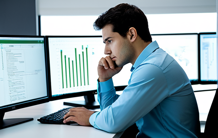A male professional in a crisp business shirt and trousers, seated at a sleek, minimalist desk. His gaze is intently fixed on a large monitor displaying complex code or log files. One hand rests on a mouse, the other thoughtfully touches his chin. A modern, well-lit data center control room or a high-tech office with server racks subtly blurred in the background. The atmosphere is calm and focused. The monitor shows green and white text, symbolizing data analysis. There's a single, neatly organized notebook open beside him. Professional photography, soft studio lighting, ultra-detailed, high resolution, perfect anatomy, correct proportions, natural pose, well-formed hands, proper finger count, natural body proportions. Fully clothed, modest clothing, appropriate attire, professional dress, safe for work, appropriate content, professional.