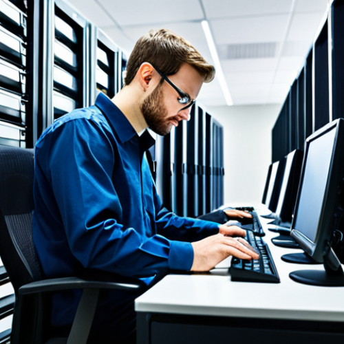Linux System Administrator at Work**

A professional IT specialist, fully clothed in appropriate business casual attire, managing servers in a brightly lit, modern data center. Focus on the hands typing commands on a keyboard. Multiple server racks visible in the background. Safe for work, appropriate content, perfect anatomy, well-formed hands, professional, family-friendly.

**