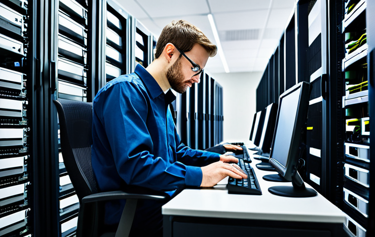 Linux System Administrator at Work**

A professional IT specialist, fully clothed in appropriate business casual attire, managing servers in a brightly lit, modern data center. Focus on the hands typing commands on a keyboard. Multiple server racks visible in the background. Safe for work, appropriate content, perfect anatomy, well-formed hands, professional, family-friendly.

**