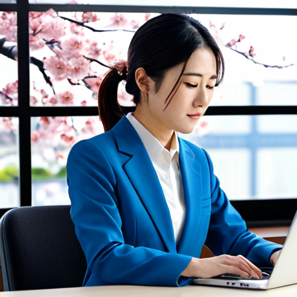 리눅스 실무와 관련된 패키지 관리 사례 - A professional Japanese woman in a modest business suit, working on a laptop in a bright, modern off...