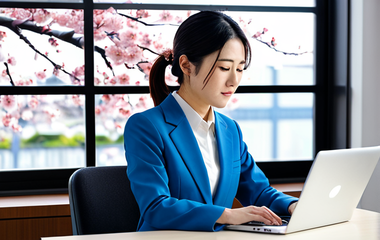 리눅스 실무와 관련된 패키지 관리 사례 - A professional Japanese woman in a modest business suit, working on a laptop in a bright, modern off...
