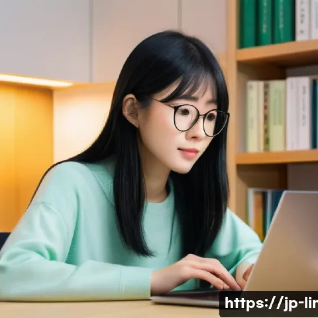 리눅스 필기 시험의 효율적인 학습 계획 - A modern Japanese home study room scene featuring a young Japanese woman with medium-length black ha...