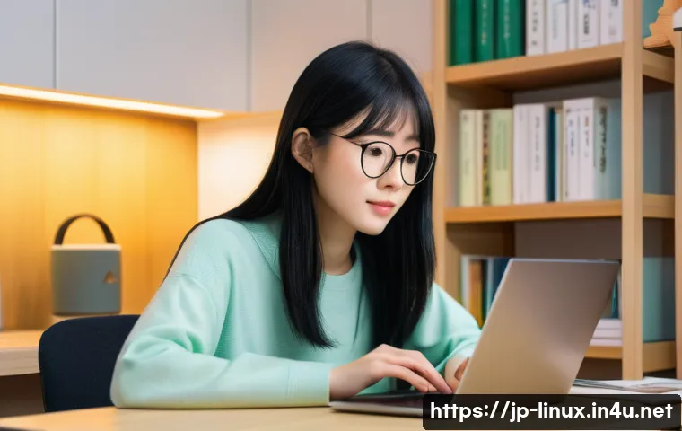 리눅스 필기 시험의 효율적인 학습 계획 - A modern Japanese home study room scene featuring a young Japanese woman with medium-length black ha...