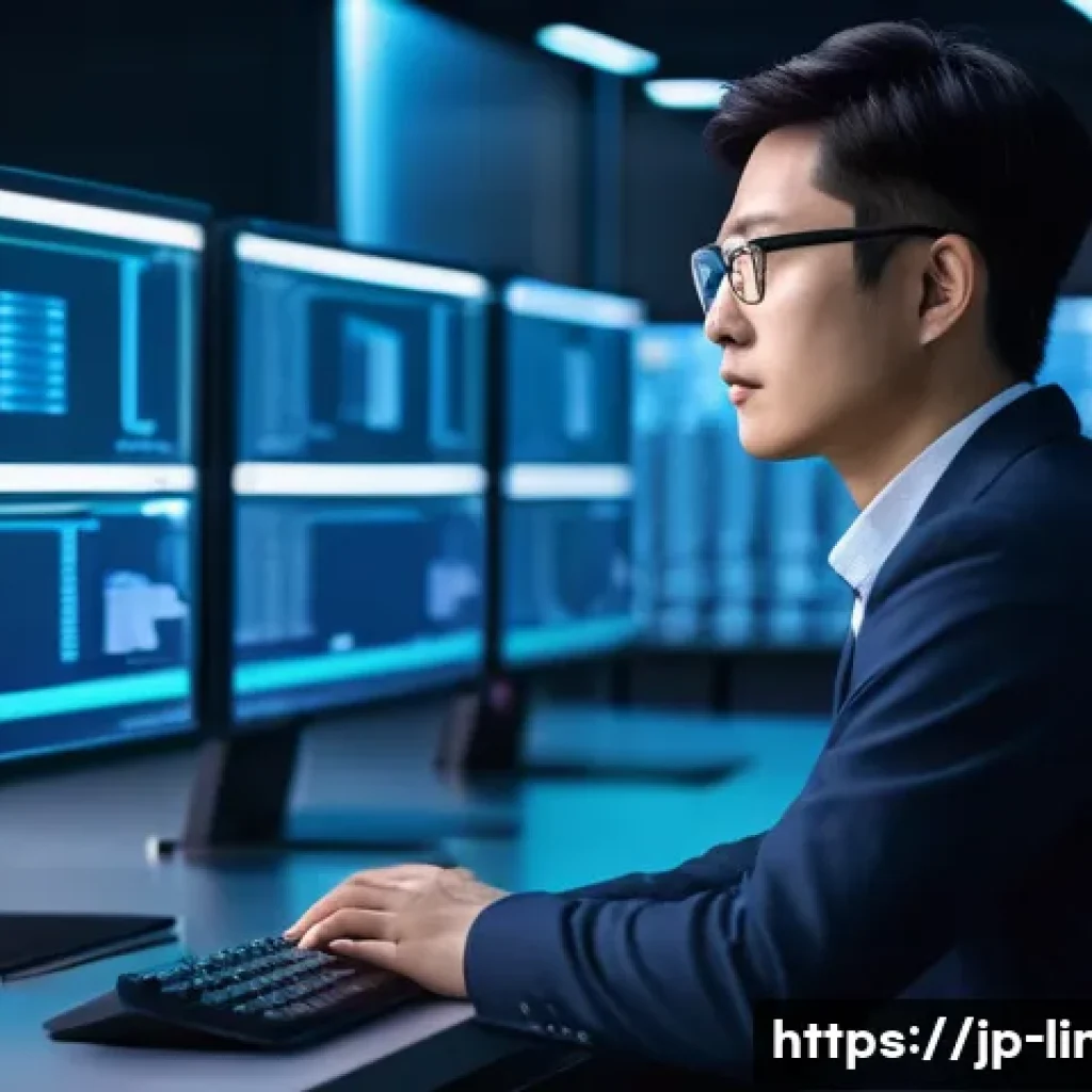 리눅스 실무와 AI 기반 시스템 관리의 융합 사례 - A modern Japanese IT office environment showcasing a professional server administrator monitoring mu...