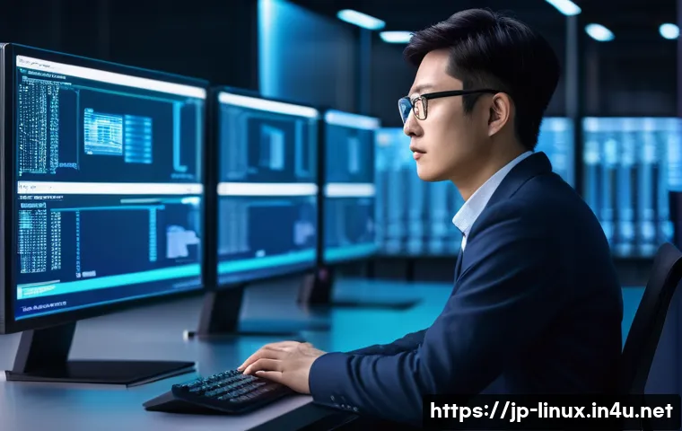 리눅스 실무와 AI 기반 시스템 관리의 융합 사례 - A modern Japanese IT office environment showcasing a professional server administrator monitoring mu...