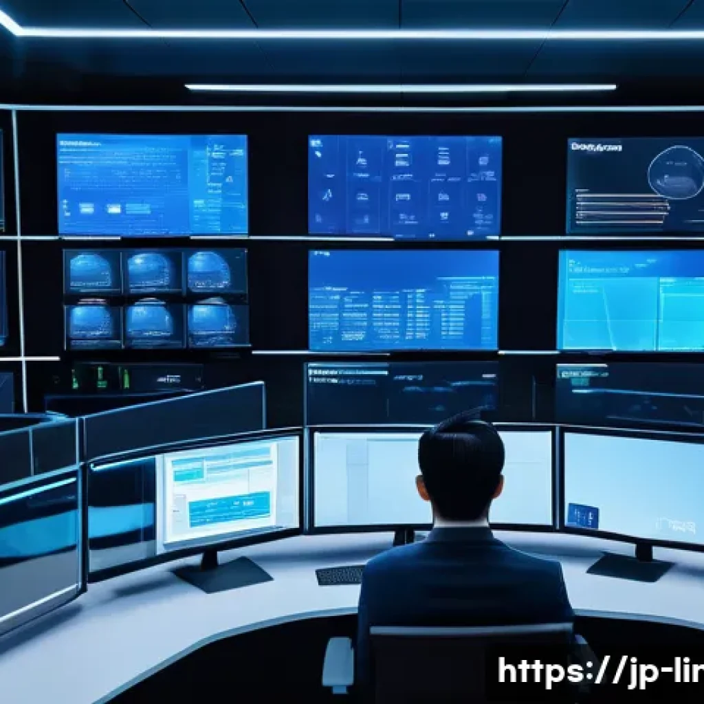 리눅스 실무에서 사용되는 최신 기술 트렌드 - A futuristic IT operations control room with diverse cloud service logos like AWS, GCP, and Azure di...