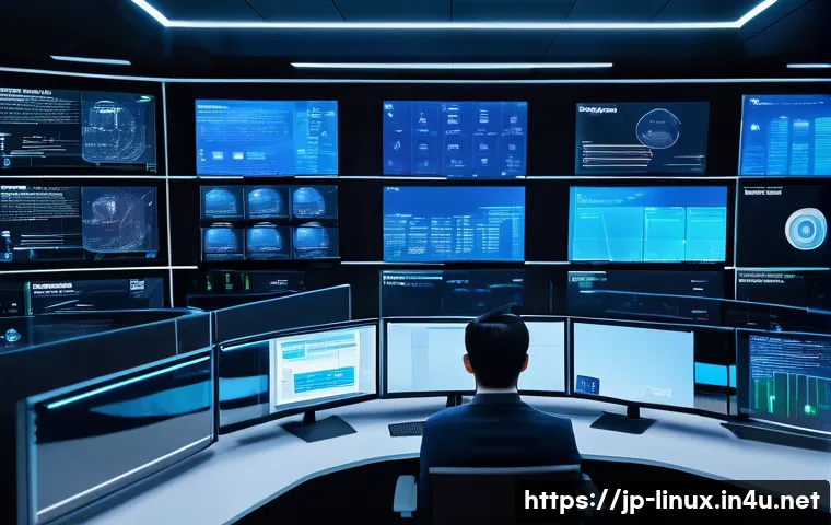 리눅스 실무에서 사용되는 최신 기술 트렌드 - A futuristic IT operations control room with diverse cloud service logos like AWS, GCP, and Azure di...