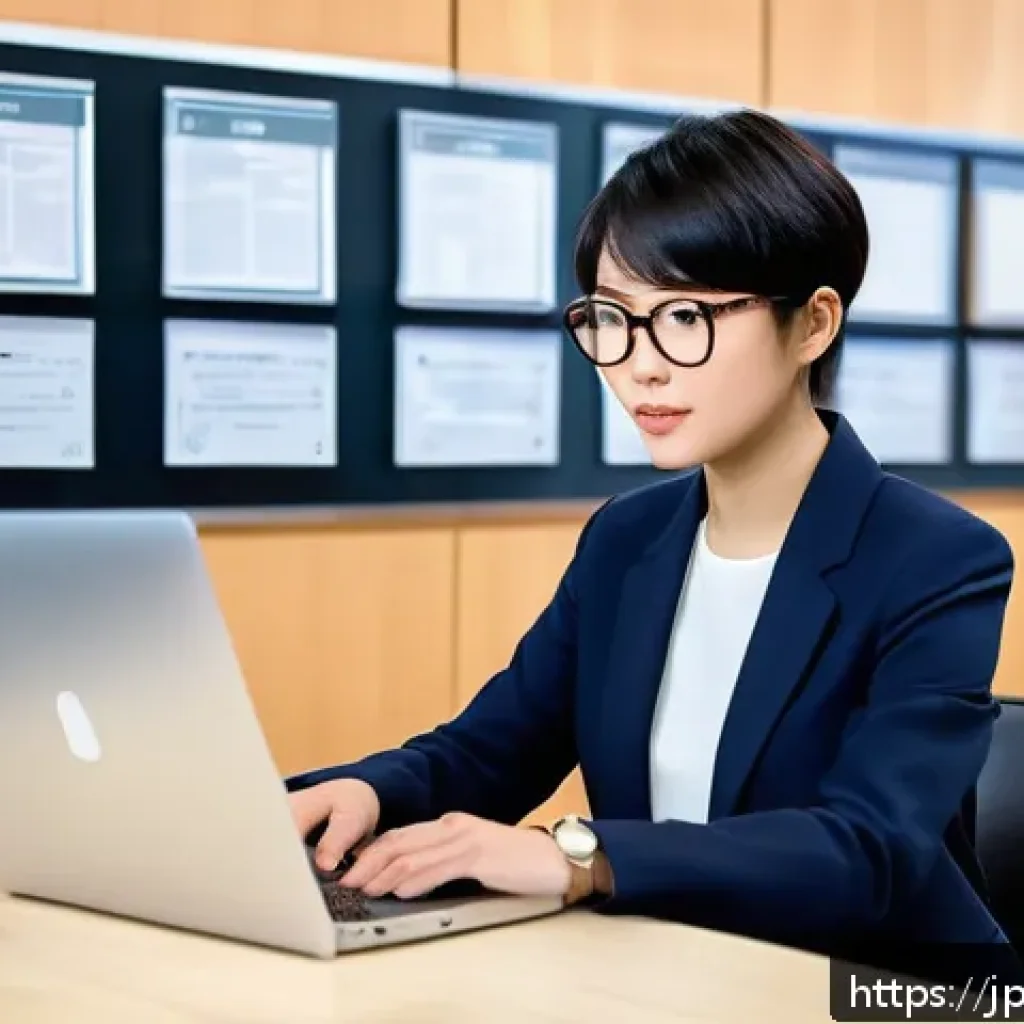 리눅스 자격증 취득 후 성공적인 커리어 개발 - A modern Japanese office scene featuring a young professional woman with short black hair and glasse...