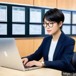 리눅스 자격증 취득 후 성공적인 커리어 개발 - A modern Japanese office scene featuring a young professional woman with short black hair and glasse...