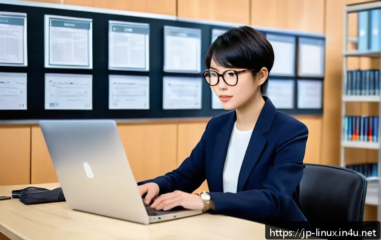 리눅스 자격증 취득 후 성공적인 커리어 개발 - A modern Japanese office scene featuring a young professional woman with short black hair and glasse...