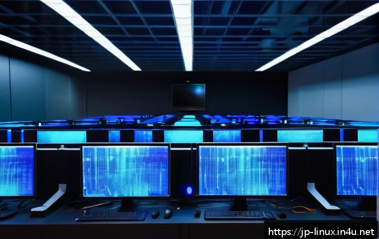 리눅스 자격증 취득 후 데이터센터 경력 전환 - A modern Japanese data center control room filled with rows of sleek server racks glowing with blue ...