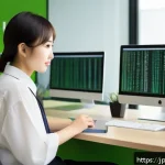 리눅스 필기 시험에서 자주 실수하는 부분 - A modern Japanese office scene showing a young professional studying Linux system administration on ...
