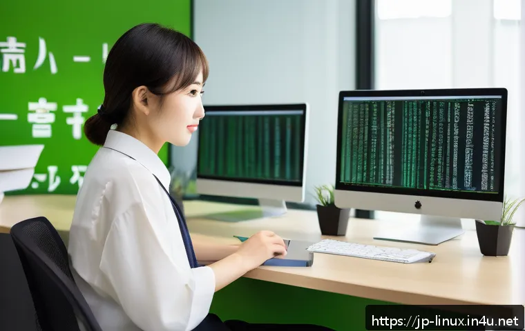 리눅스 필기 시험에서 자주 실수하는 부분 - A modern Japanese office scene showing a young professional studying Linux system administration on ...