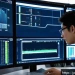 리눅스 실무에서 경험한 스토리지 관리 사례 - A detailed data center server room scene focused on a storage administrator monitoring multiple scre...