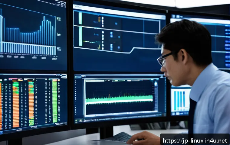 리눅스 실무에서 경험한 스토리지 관리 사례 - A detailed data center server room scene focused on a storage administrator monitoring multiple scre...