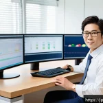 리눅스 자격증 취득 후 경력 개발 성공기 - A professional Japanese office worker in modern business casual attire, sitting confidently at a sle...