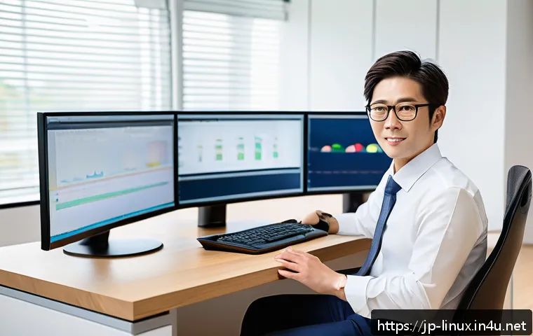 리눅스 자격증 취득 후 경력 개발 성공기 - A professional Japanese office worker in modern business casual attire, sitting confidently at a sle...